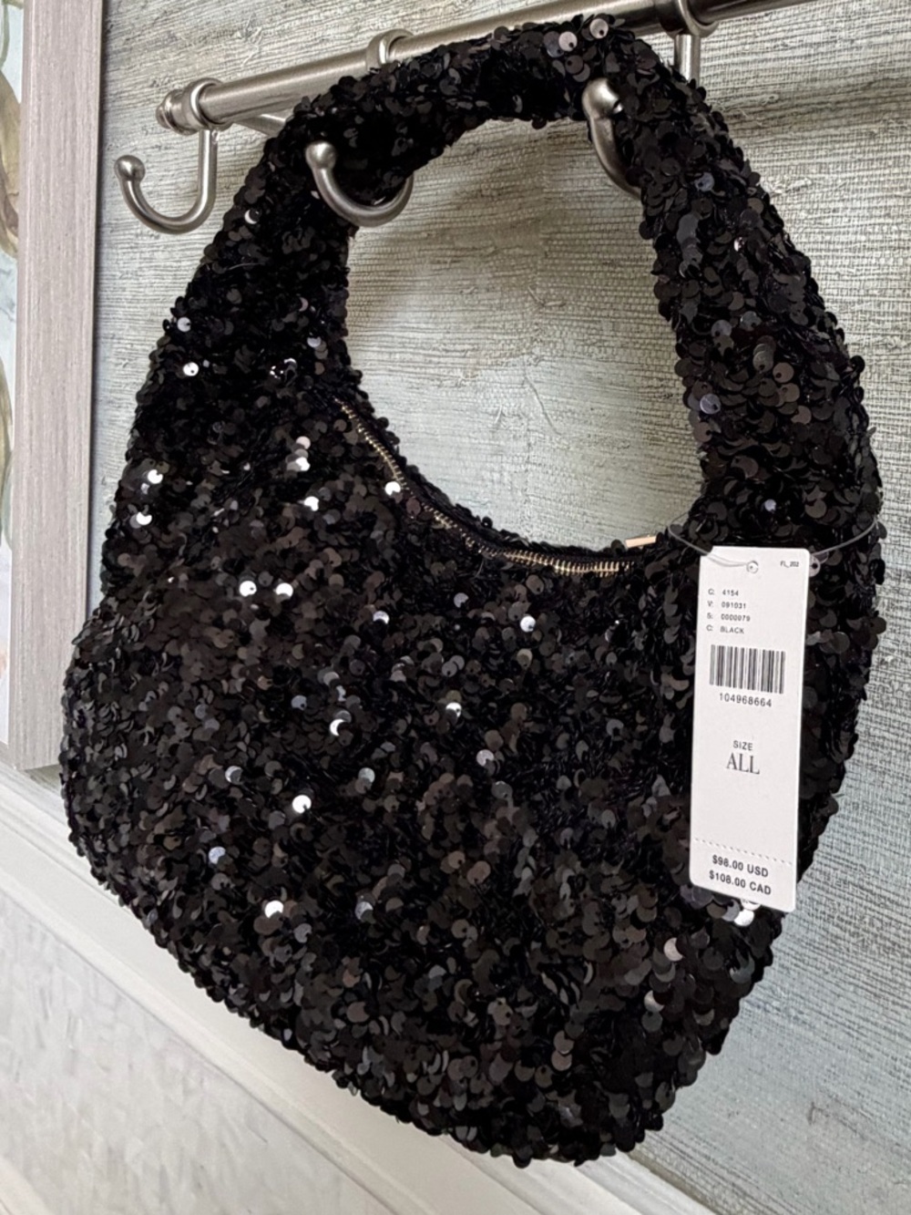 NWT new Anthropologie paillette sequin crescent bag black Shoulder purse - Picture 8 of 14